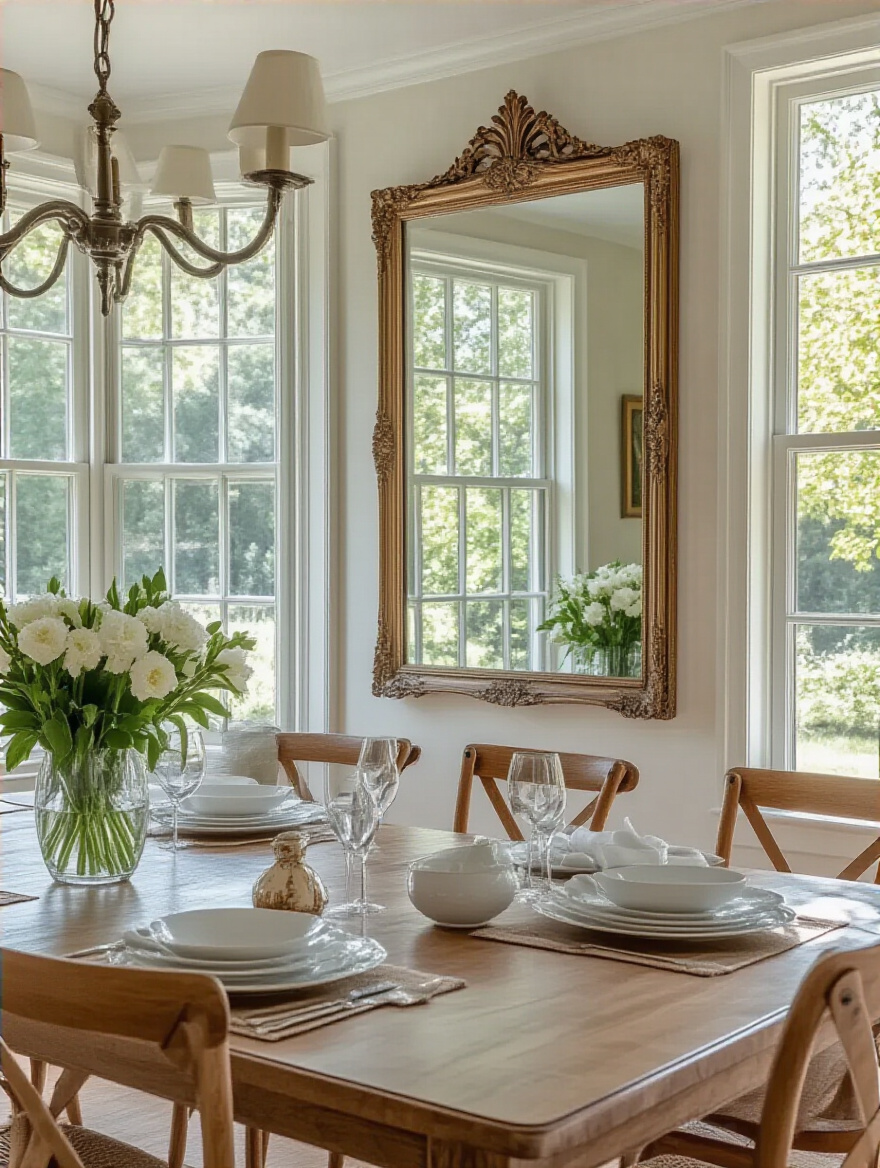 Elegant dining room with strategically placed mirrors reflecting light and decor