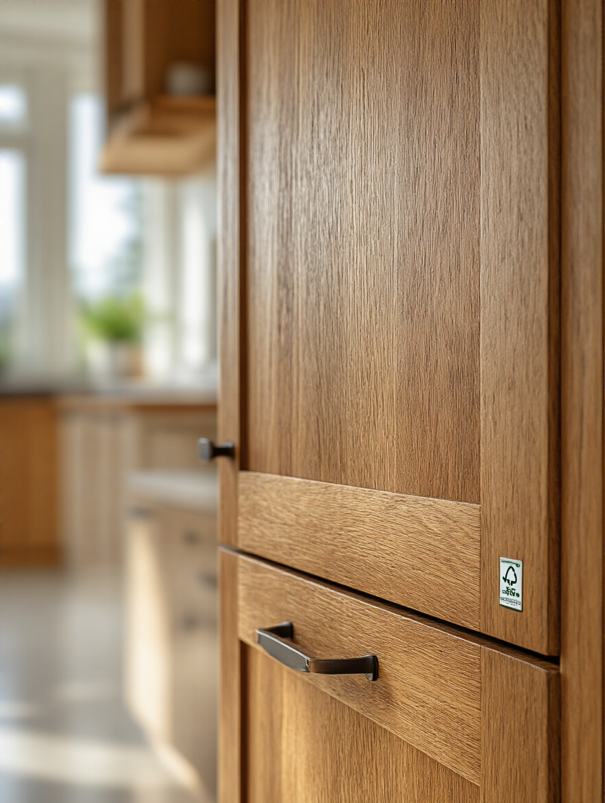 Portrait of eco-luxury kitchen cabinet made of responsibly sourced wood with natural lighting highlighting wood grain