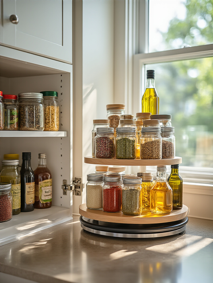 Corner kitchen cabinet with multi-tiered rotating lazy Susan, showcasing organized storage solutions.