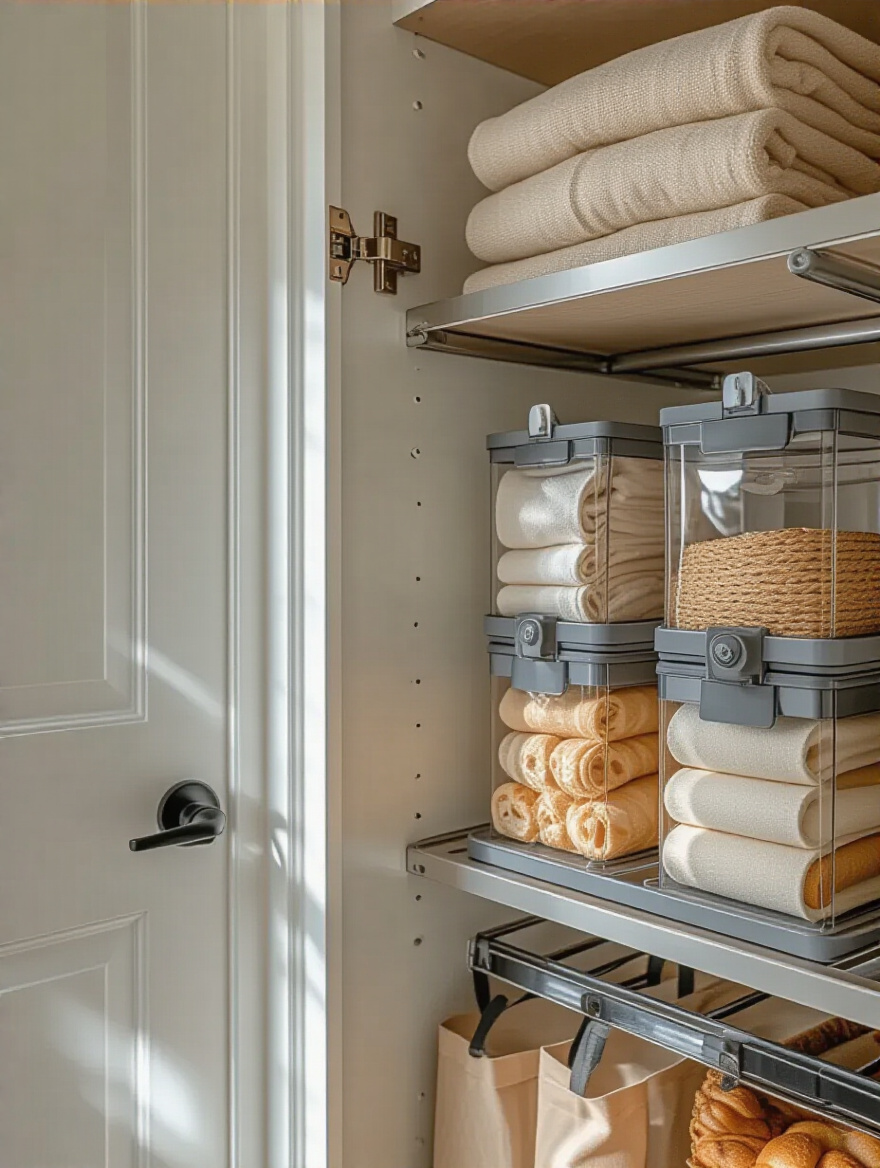 Organized pantry door with bag and wrap dispensers for tidiness