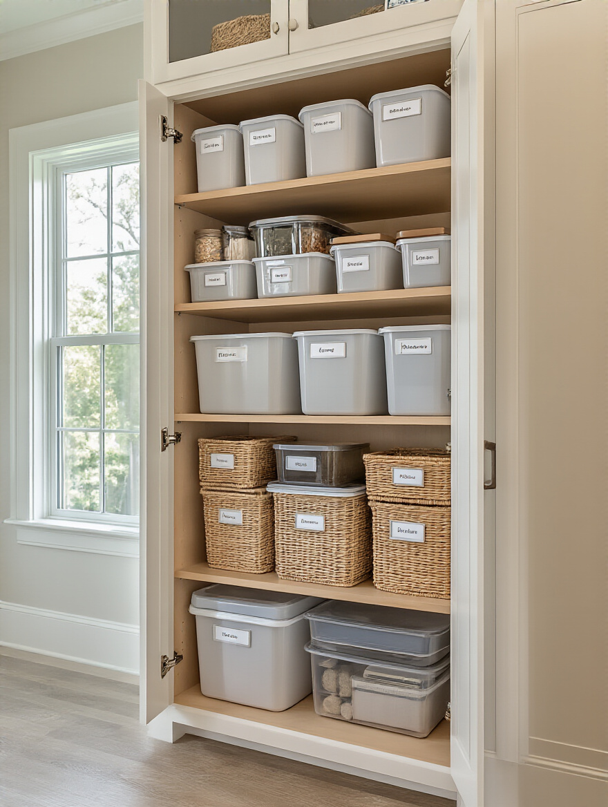Organized kitchen cabinet with labeled storage bins and containers