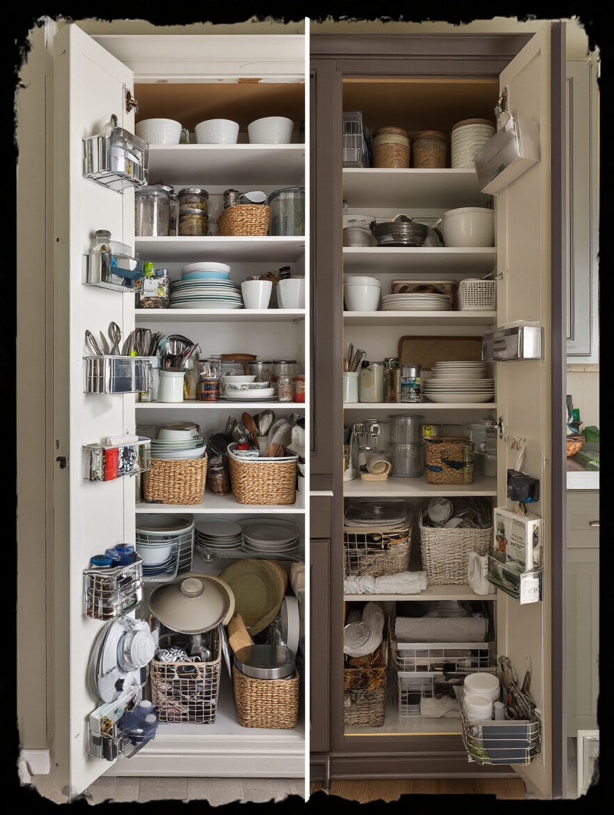 Before and after cabinet purge showing organized kitchen space
