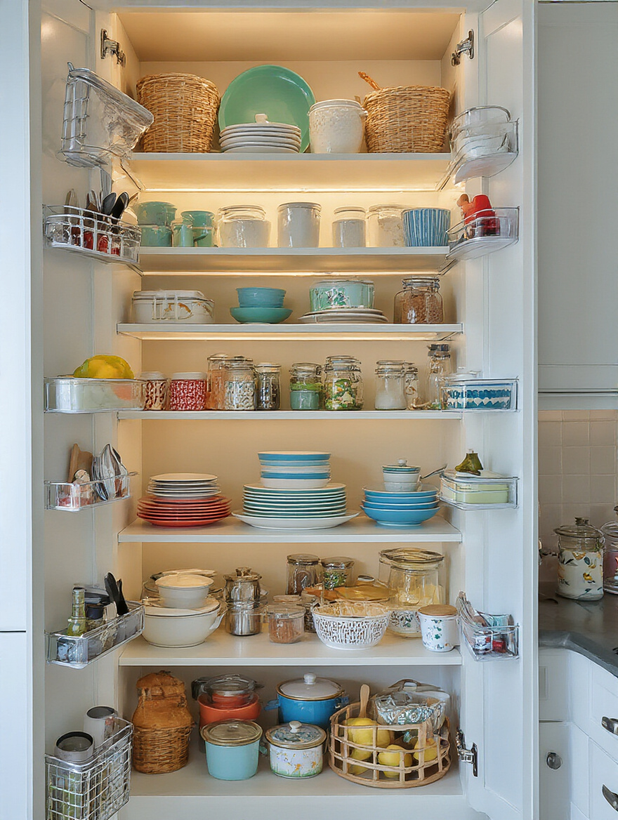 Organized kitchen cabinet following the One-In, One-Out policy