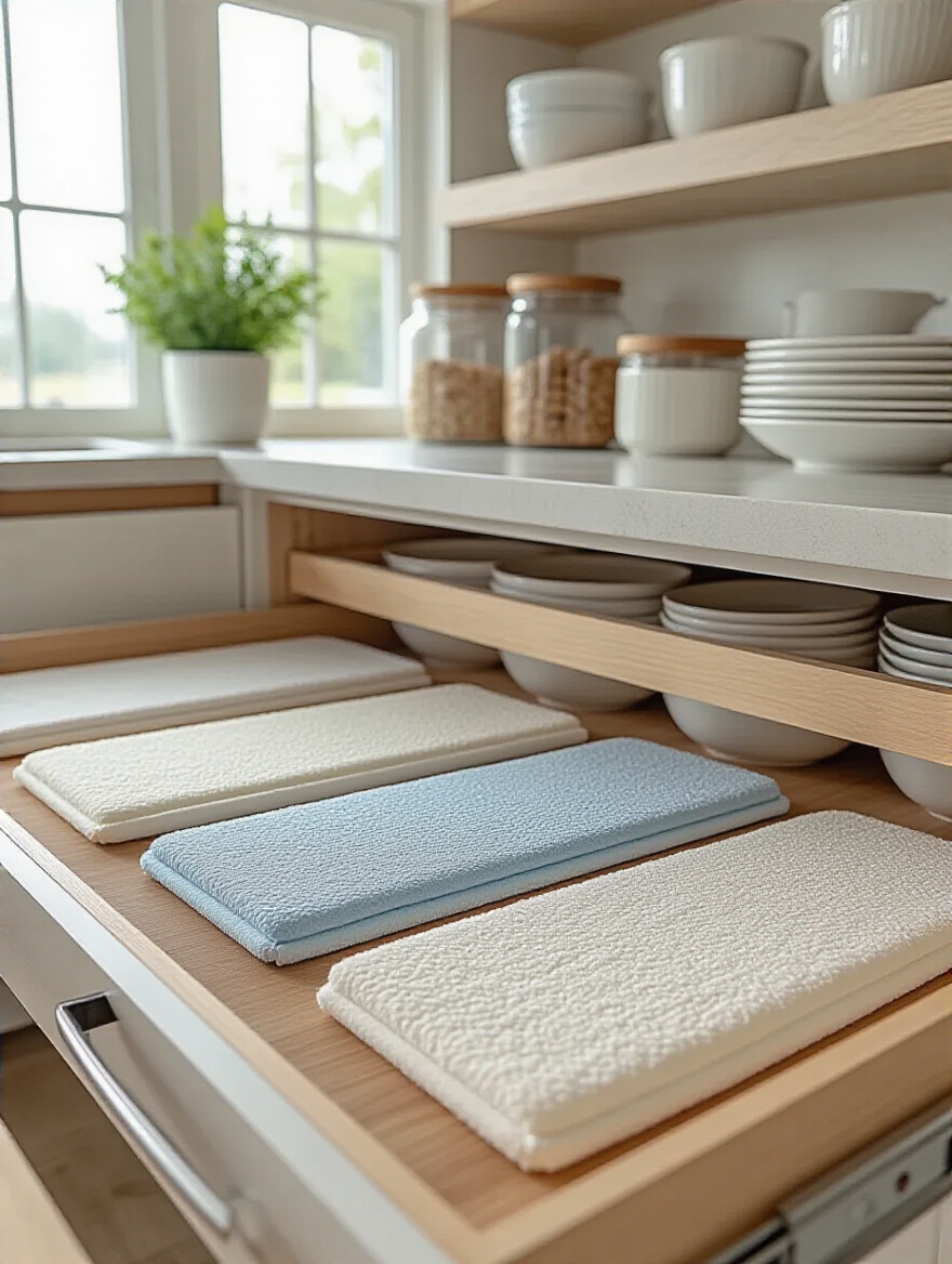 Interior view of a kitchen cabinet with non-slip liners showing organized dishware and cookware.