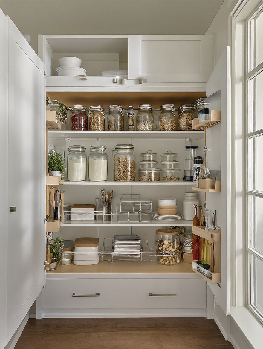 Organized kitchen cabinet with neatly arranged items and natural lighting