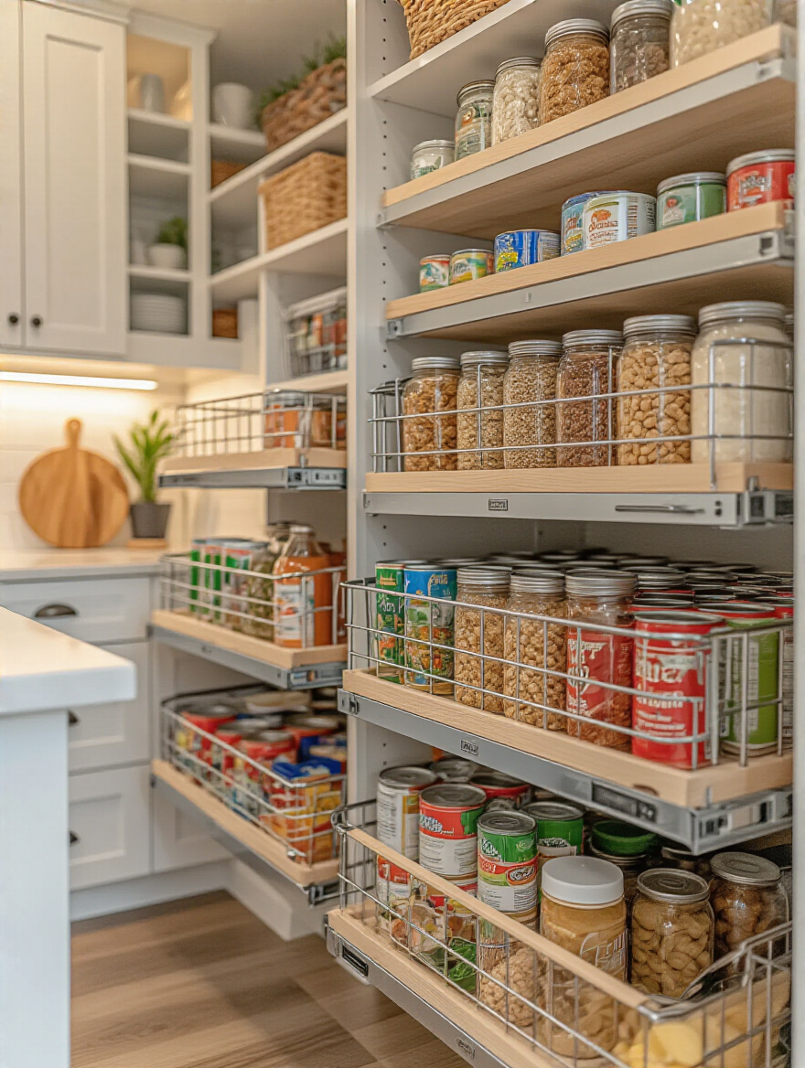 Modern kitchen pantry with roll-out organizers for dry goods and canned foods.