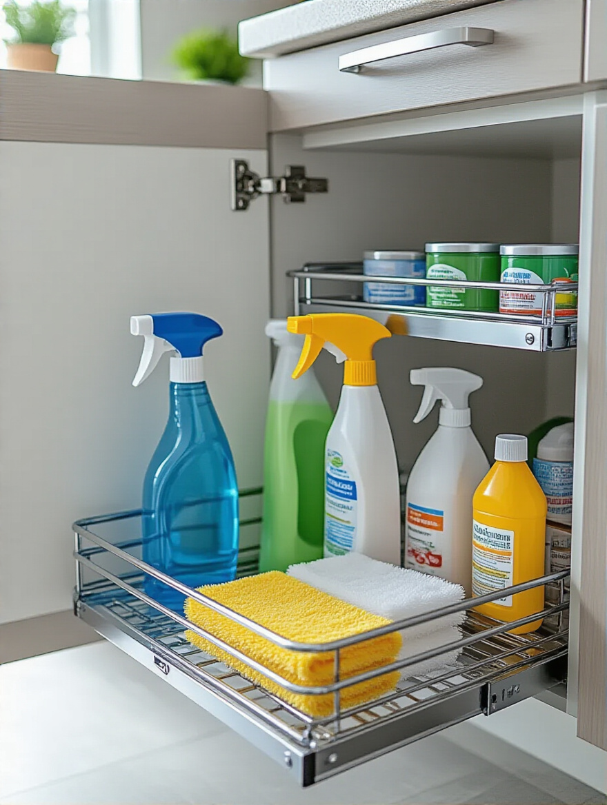 Modern kitchen cabinet with an under-sink pull-out organizer for cleaning supplies
