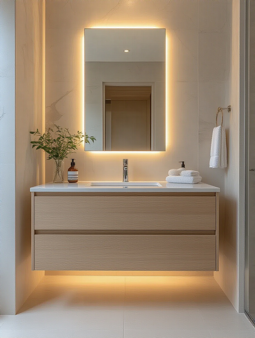 Modern bathroom vanity with light wood cabinetry and white marble countertop in a well-lit bathroom