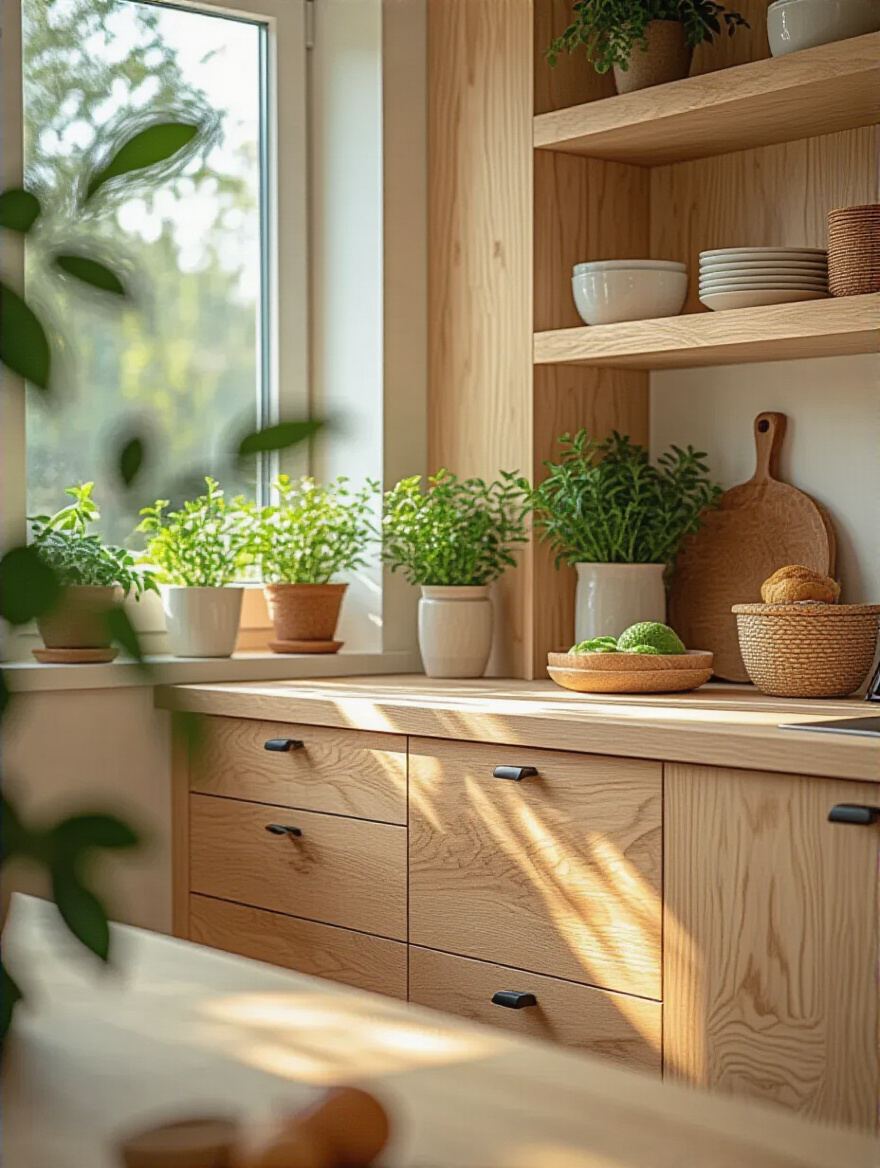 Close-up portrait of organic kitchen cabinet made with NAUF plywood showing natural wood grain and eco-friendly finish