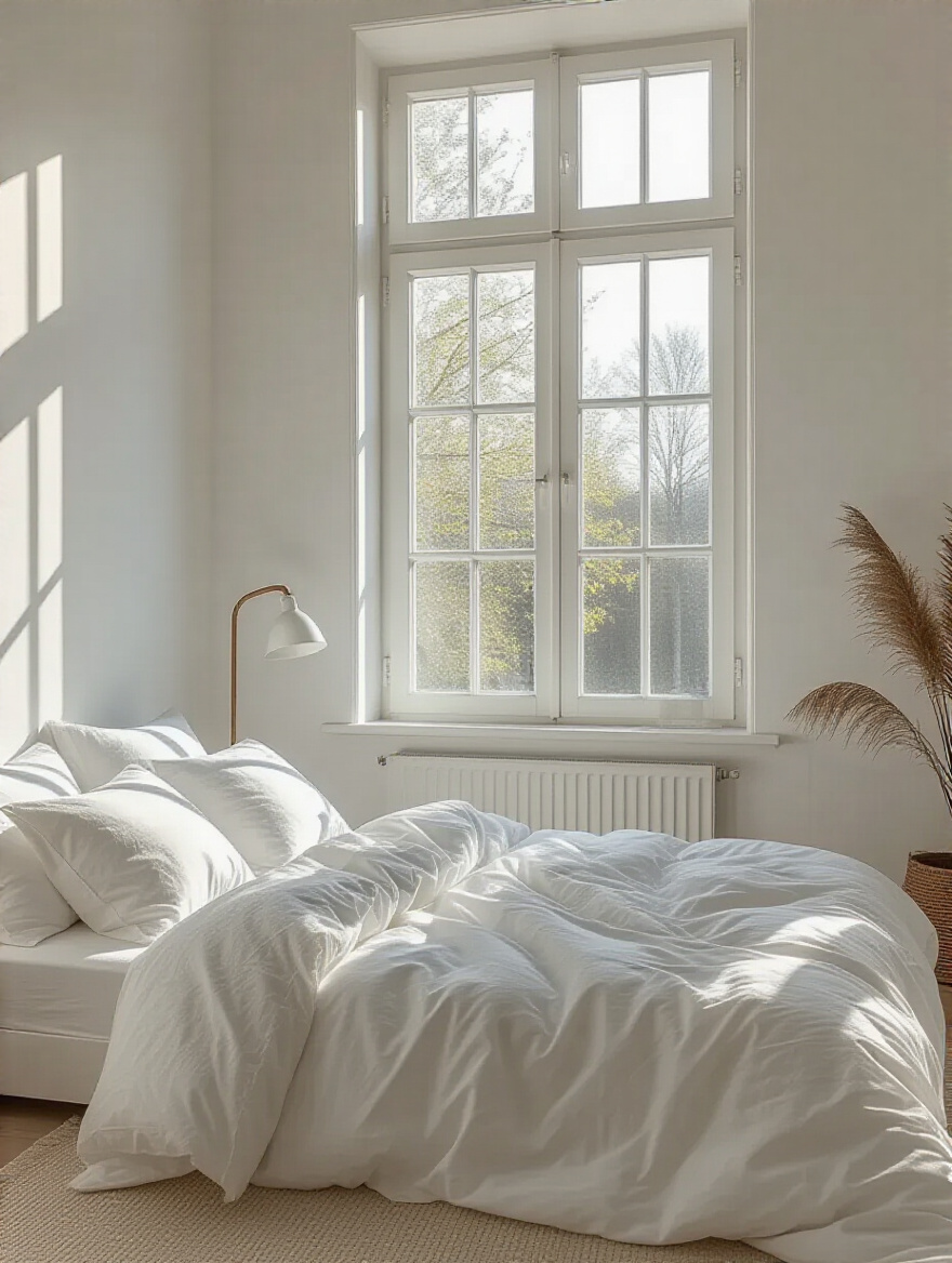 White bedroom with natural light highlighting the changing tones and shadows on white walls, showcasing spacious and serene decor.