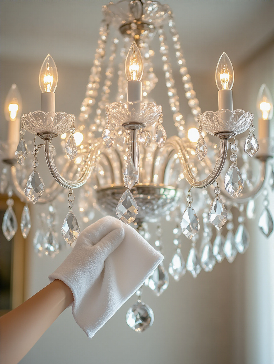 Close-up portrait of a dining room chandelier being gently cleaned and polished to preserve its shine and luster, no people present.