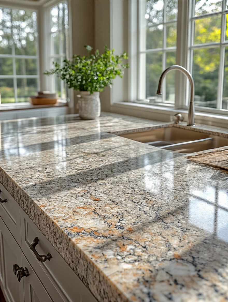 Close-up portrait of a sealed natural stone granite and marble kitchen island countertop with polished finish in a modern kitchen.