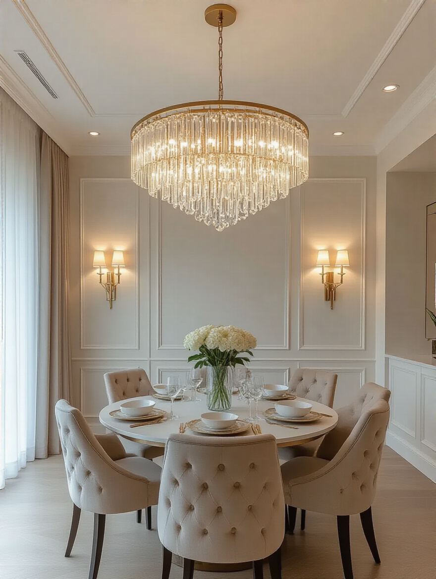 Elegant dining room with modern chandelier coordinated with wall sconces and recessed lighting creating warm unified illumination