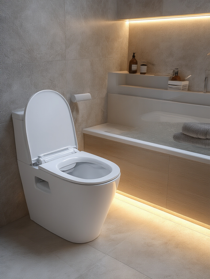 Luxurious modern bathroom featuring a smart toilet with advanced technology.