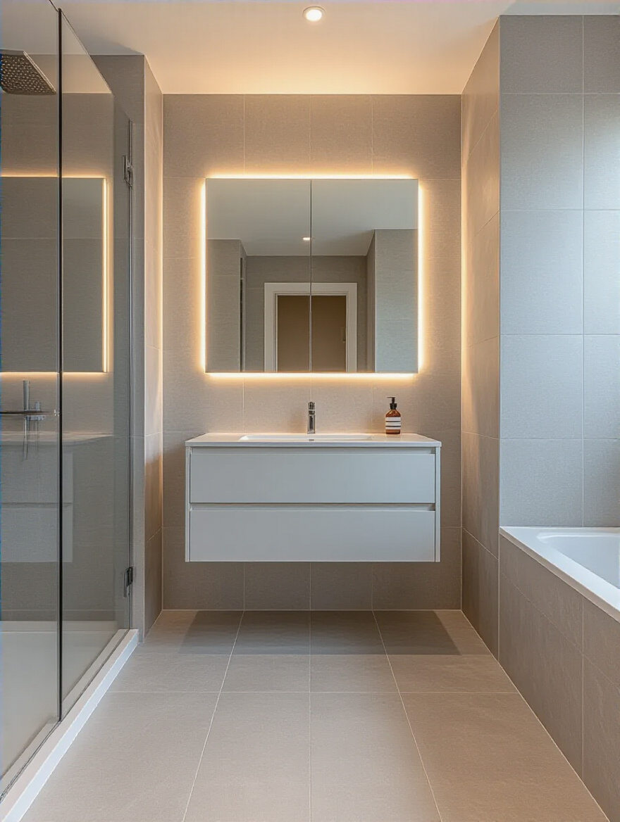 Small modern bathroom with large format light gray tiles and minimal grout lines creating a spacious, seamless look