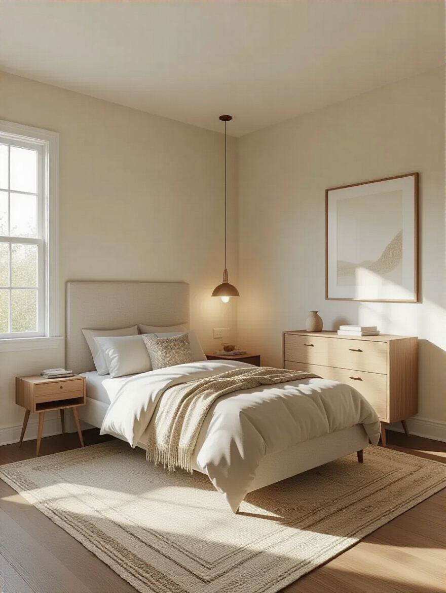 Small bedroom with proportional furnishings maintaining scale to prevent overwhelming the space, featuring queen bed and slim furniture
