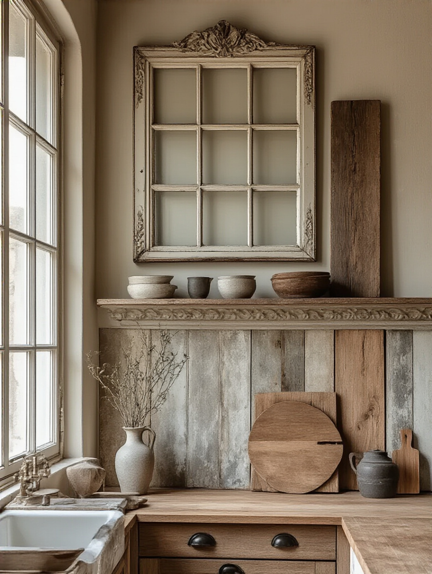 Kitchen wall decor featuring architectural salvage pieces like antique window frames and reclaimed wood panels.