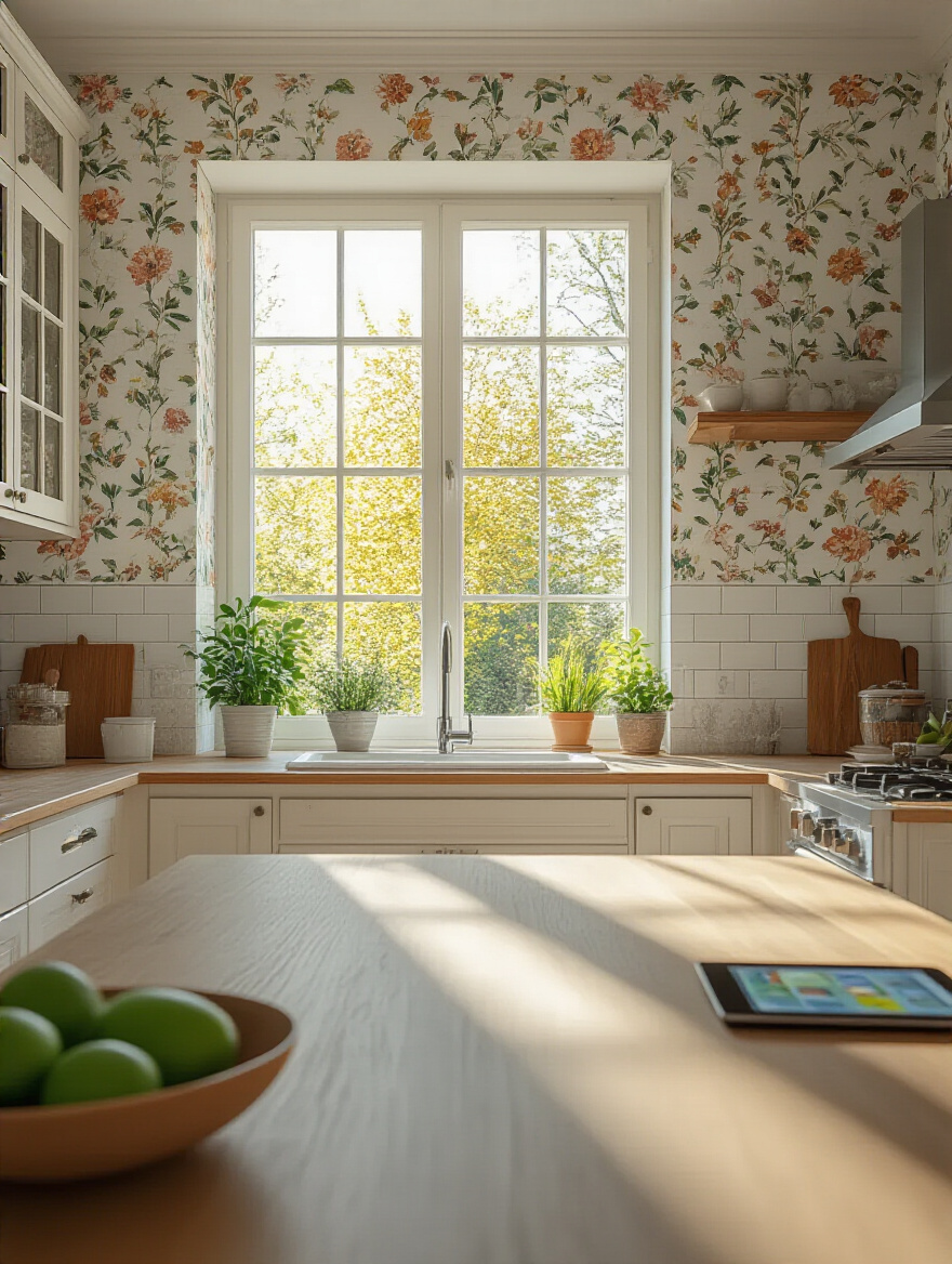 Modern kitchen with virtual wallpaper designs displayed on walls