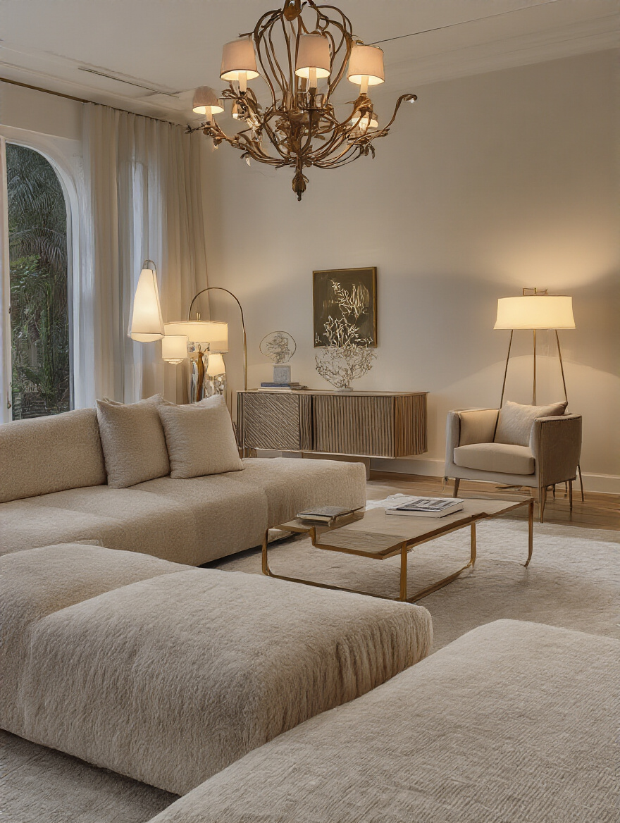 A beautifully lit living room emphasizing furniture aesthetics with warm ambient light.