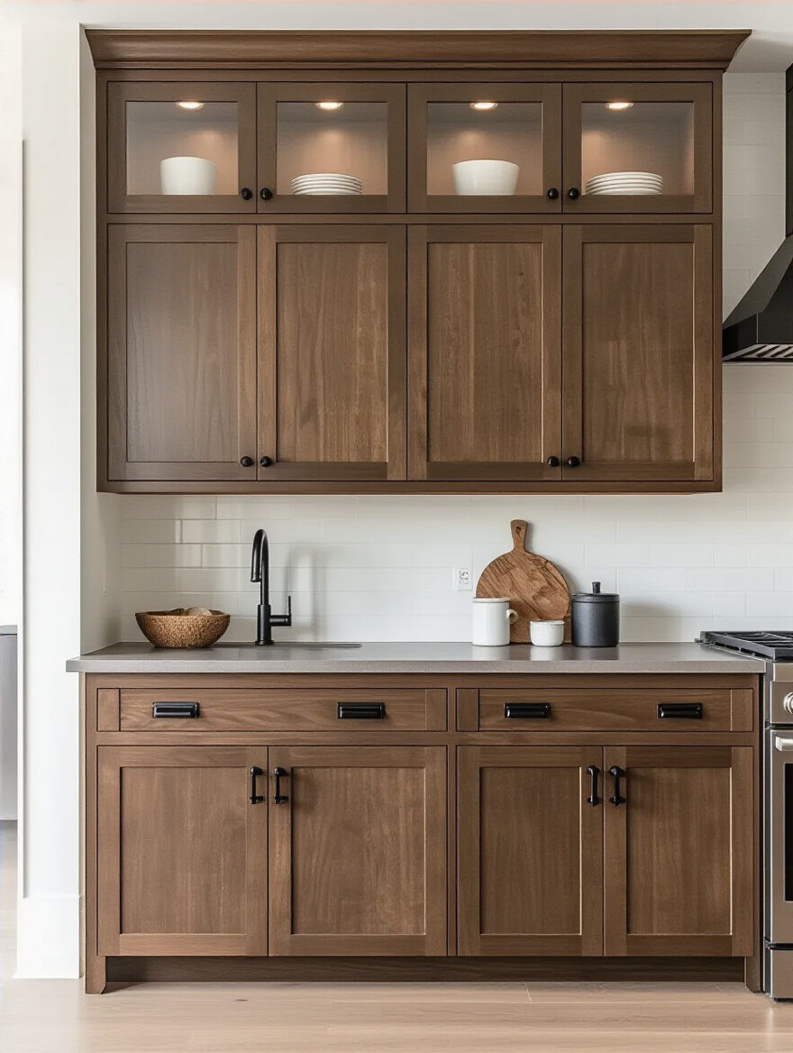 Brown kitchen cabinetry with matte black hardware in industrial style kitchen