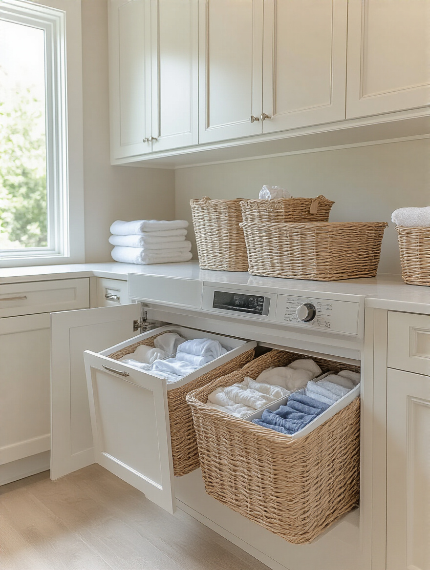 Modern laundry room with pull-out hampers for laundry sorting