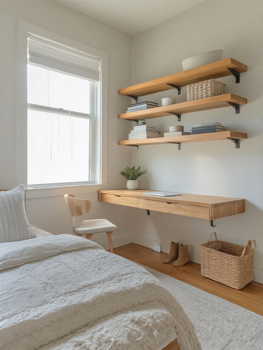 Small bedroom with wall-mounted floating desk and shelves elevating storage off the floor creating open space