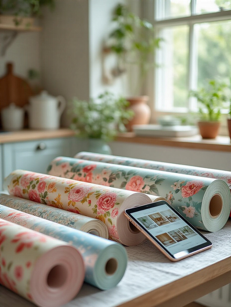Kitchen scene with wallpaper rolls and a device displaying an online tutorial