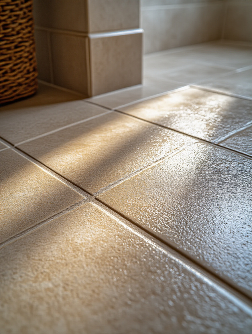 Close-up of freshly sealed bathroom tile grout lines with a smooth, protected finish in a modern bathroom setting