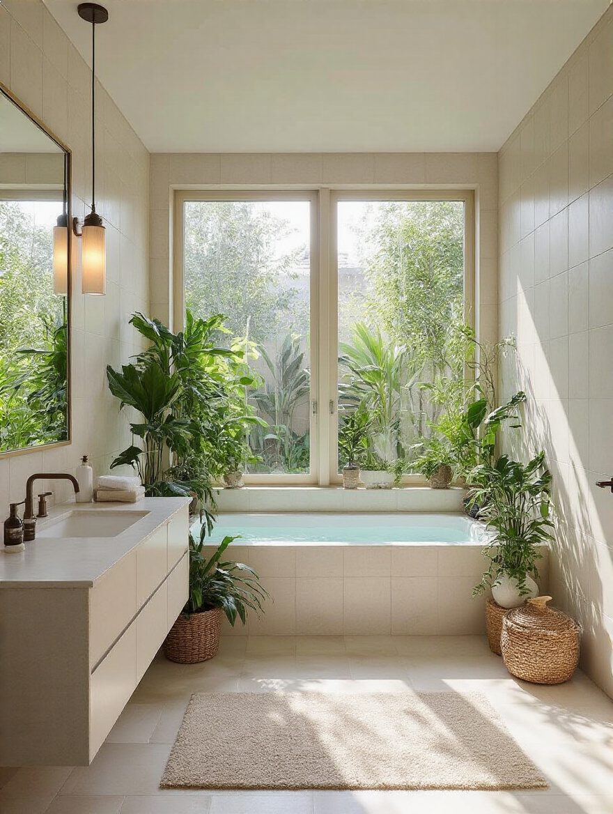 a luxury spa like bathroom with plants and natural light flowing through the large windows
