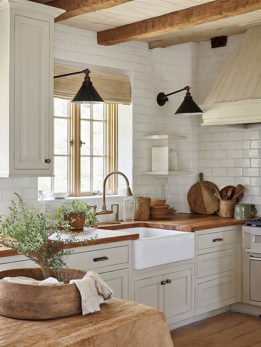 rustic kitchen lit with wall sconces