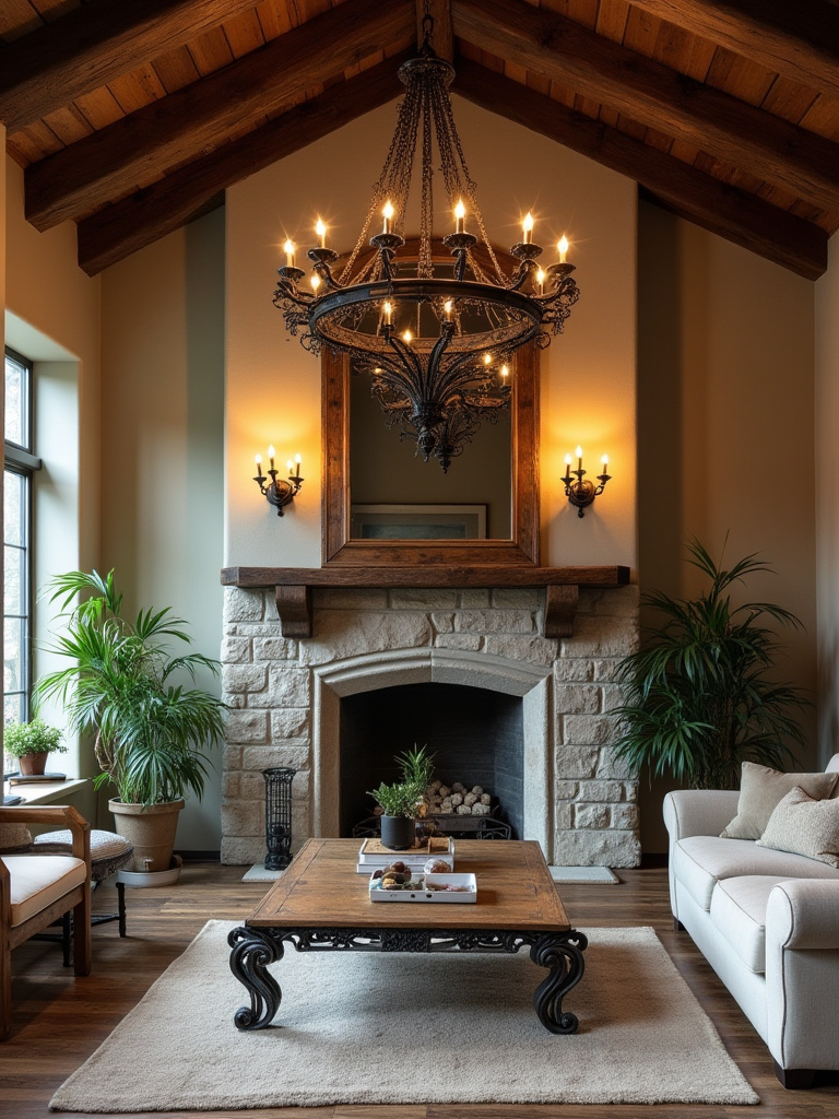Vertical rustic living room with wrought iron chandelier, wall sconces, and iron-framed fireplace