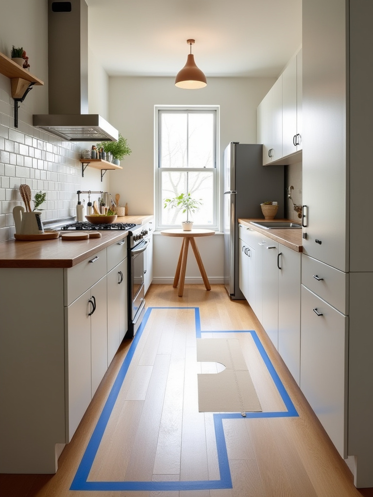 Staged apartment kitchen with painter's tape outlines and cardboard mockups showing planned furniture placement and clear walkways