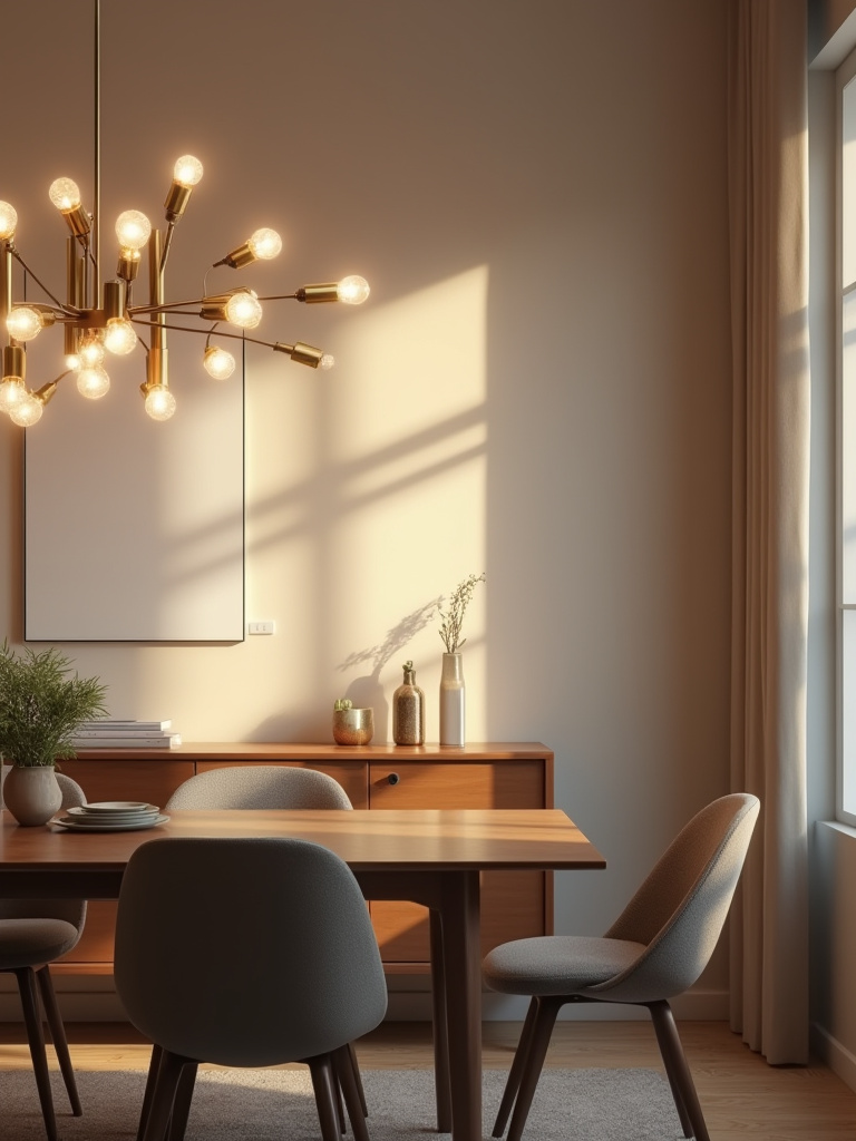 Dining room with a wall dimmer switch and warm, adjustable lighting