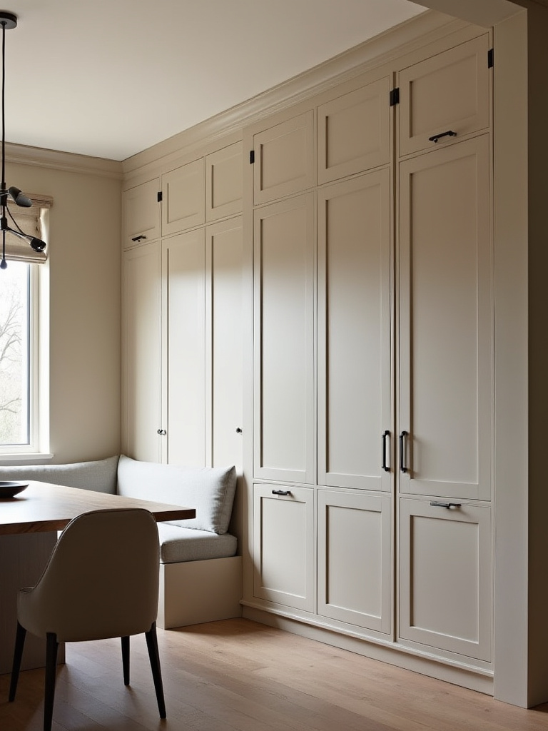 Vertical dining room with flush-front cabinets and hidden banquette storage