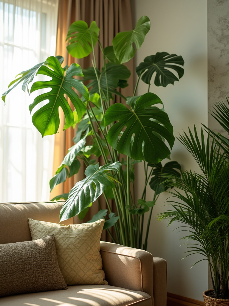 Modern living room corner with large indoor plants like Fiddle Leaf Fig and Bird of Paradise near window, showcasing natural greenery for vibrancy