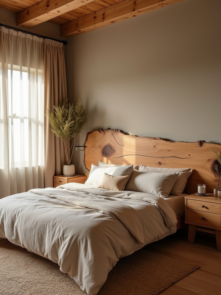 Cozy bedroom featuring live-edge wooden headboard and wooden nightstands with warm natural lighting