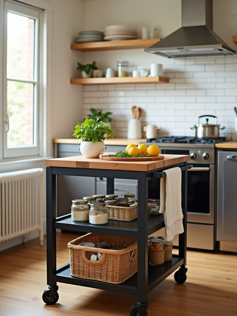 Vertical photo of a rolling utility cart with butcher block top and baskets in a small apartment kitchen, styled as a mobile prep island