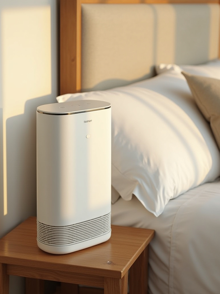 Modern bedroom corner with a sleek white air purifier on a wooden nightstand, highlighting clean and fresh indoor air
