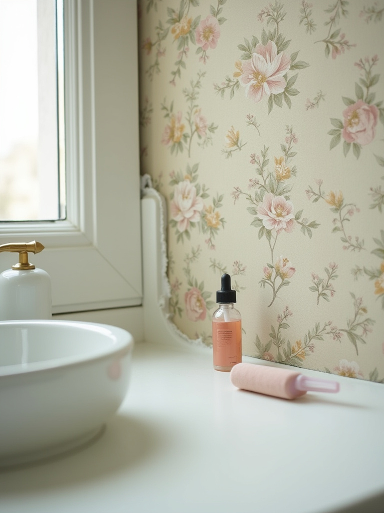 Close-up of vintage bathroom wallpaper peeling being repaired with adhesive and smoothing tools in a well-lit bathroom