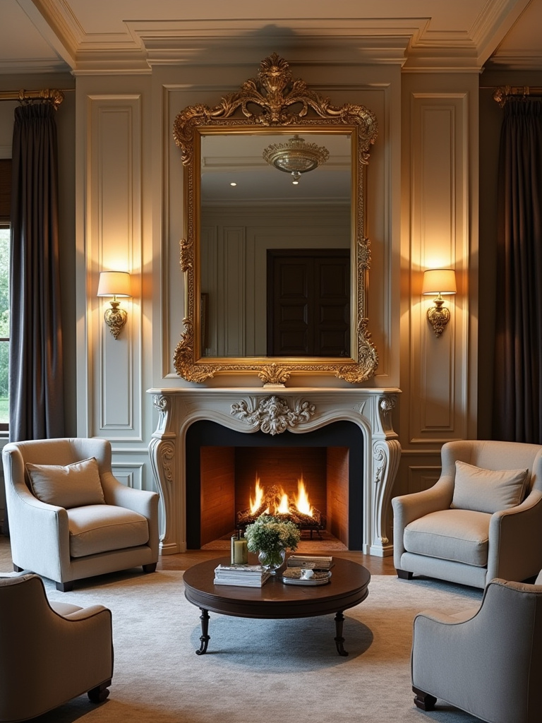 Living room interior featuring a strong focal point with an ornate fireplace and symmetrical furniture arrangement