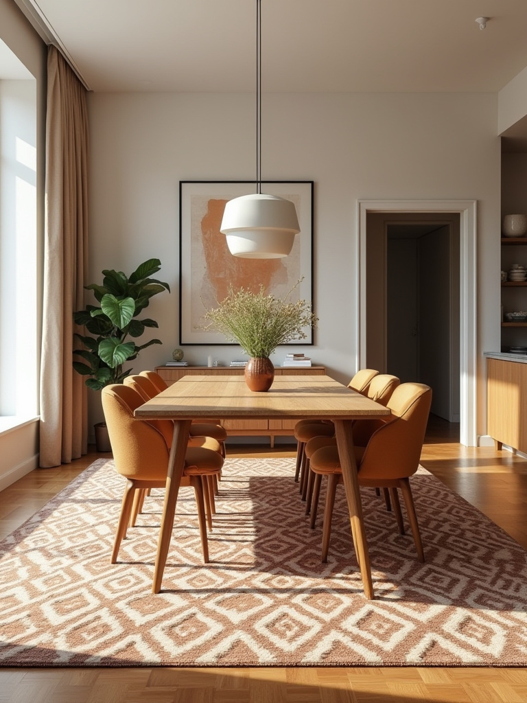 Dining room anchored by a bold statement rug under a modern dining table in a warm, open-plan space.
