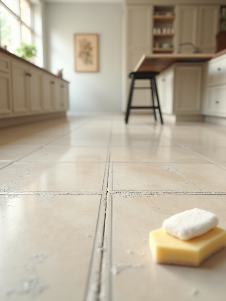 Close-up portrait-style shot of a modern kitchen floor showing clean grout joints and a grout float in the foreground.