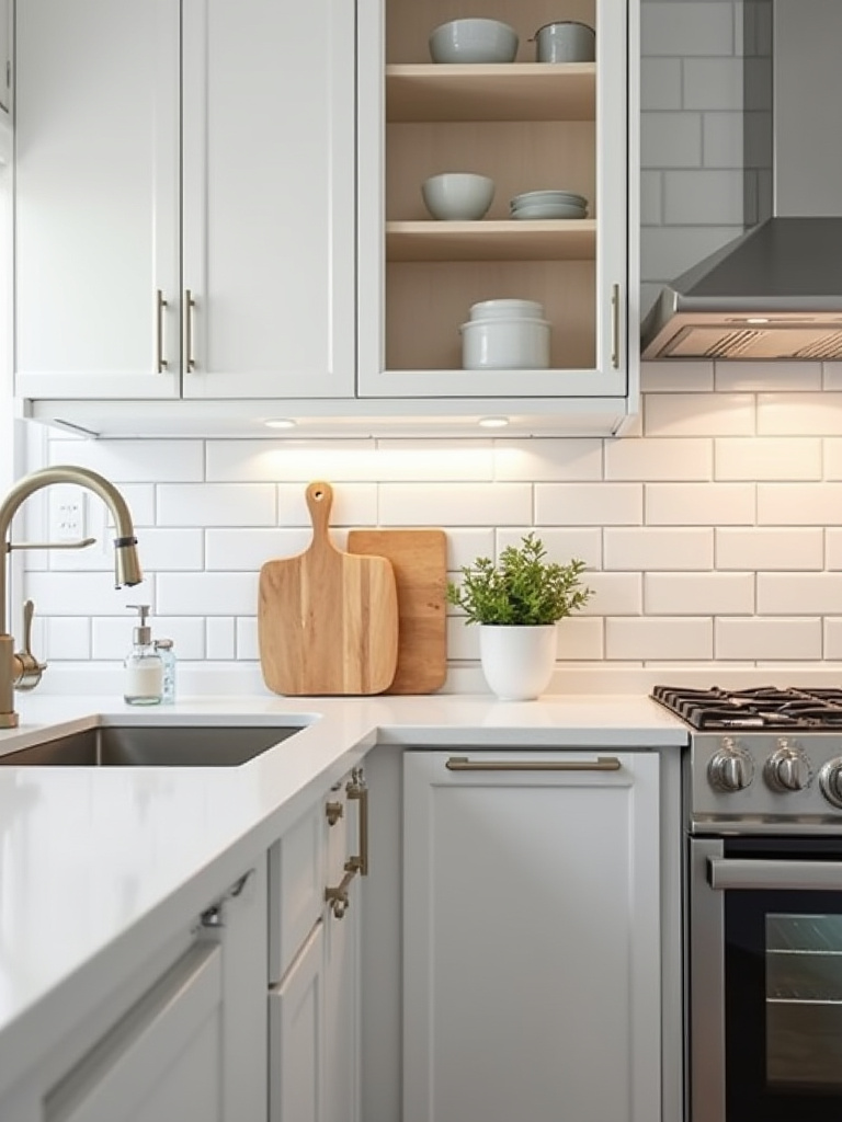 Portrait photo of a rental kitchen with a newly applied removable peel-and-stick white subway tile backsplash, stainless sink, and styled countertop accessories.