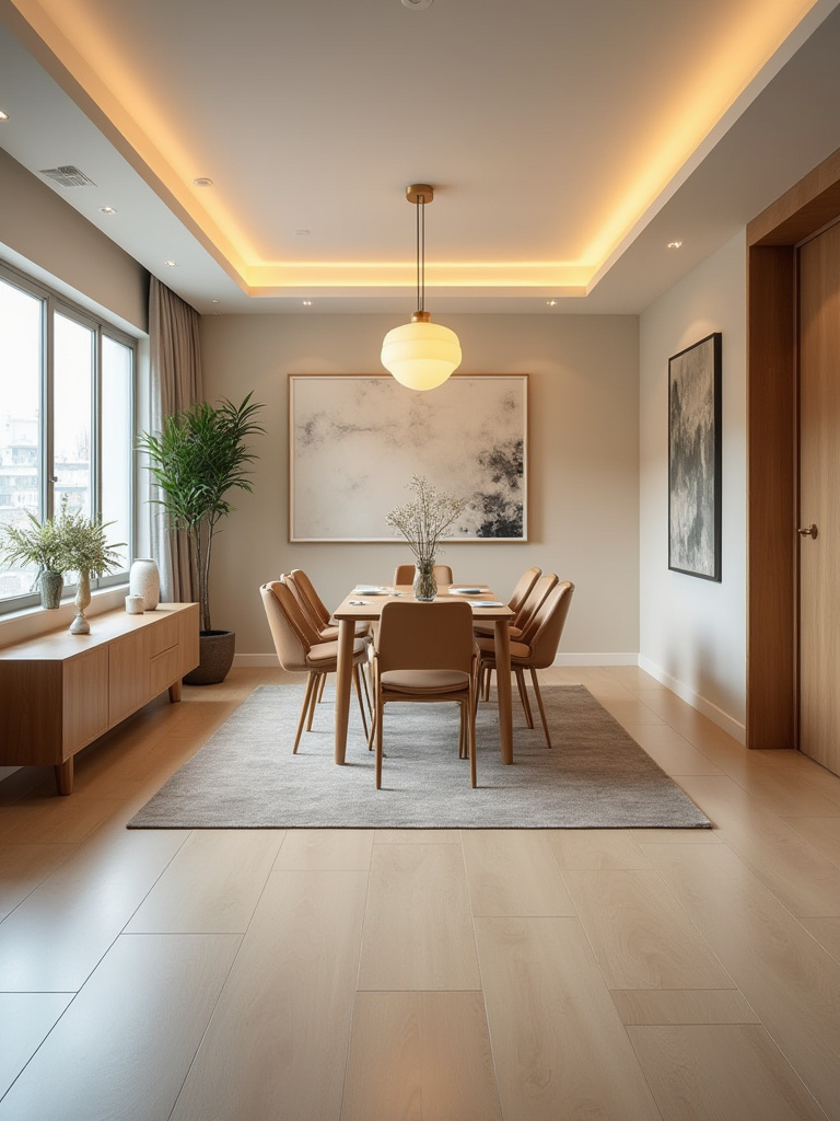 Vertical dining room layout showing furniture arranged for seamless traffic flow