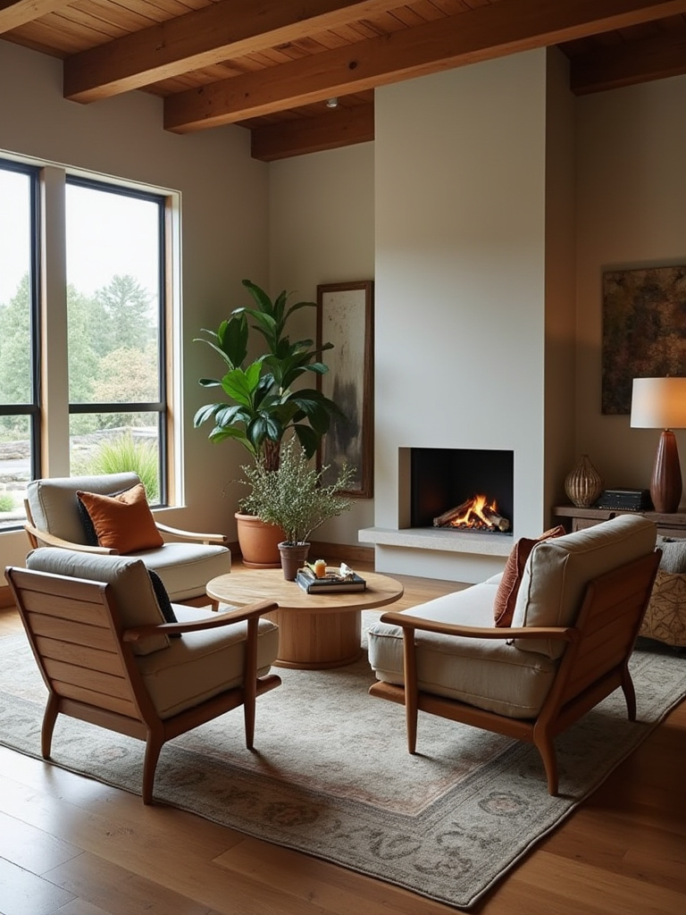 Modern living room seating arranged to encourage effortless conversation flow with sofa and armchairs around a fireplace