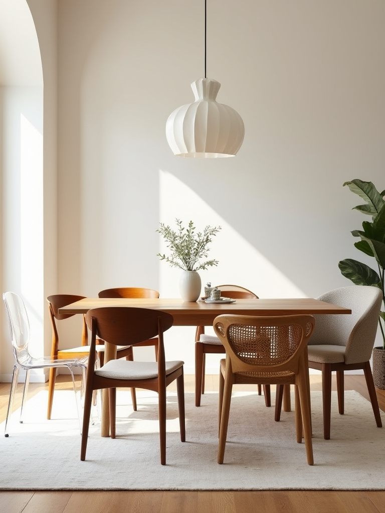 Dining room with a mix of chairs around a wooden table, showcasing visual interest through varied chair styles and a cohesive color palette.