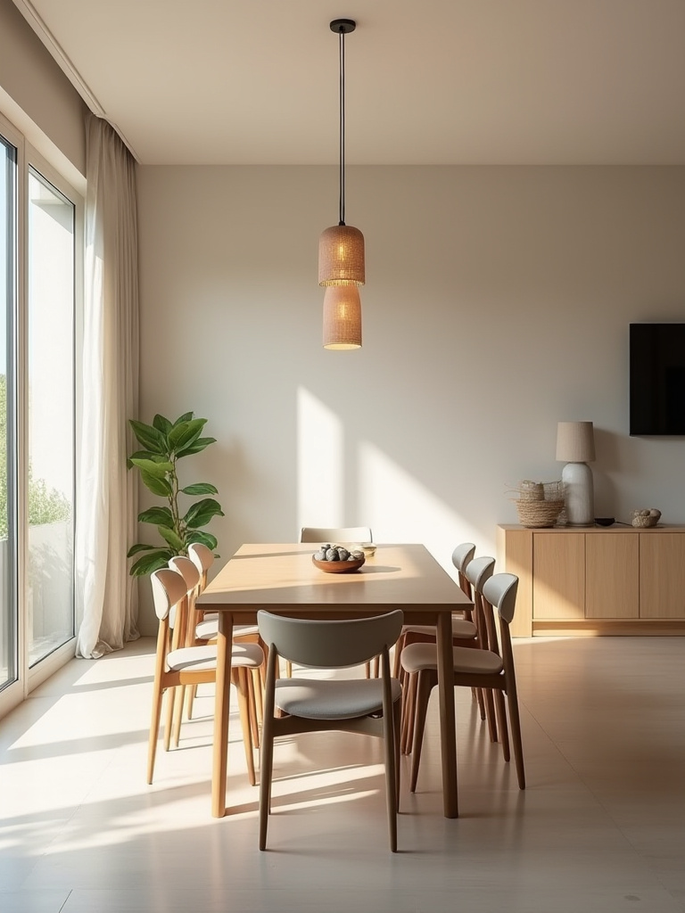 Vertical dining room portrait showing ample space around a central table for easy movement