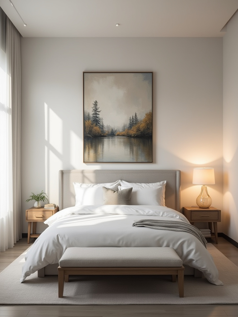 Bedroom wall featuring perfectly scaled large abstract art above a queen-sized bed showcasing optimal art scale