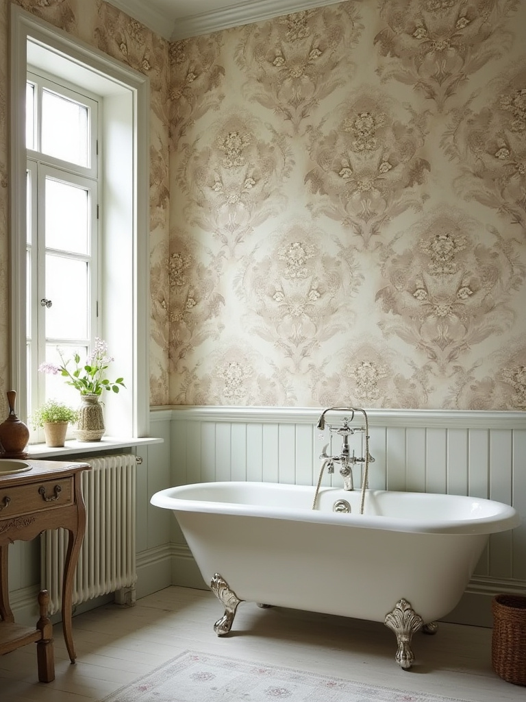 Vintage bathroom interior with medium-scale floral wallpaper perfectly matched to room size, highlighting balanced pattern scale and vintage fixtures