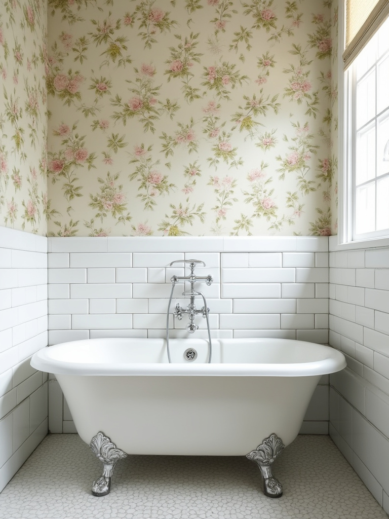Vintage bathroom wallpaper placed above tiled splash zone away from water contact